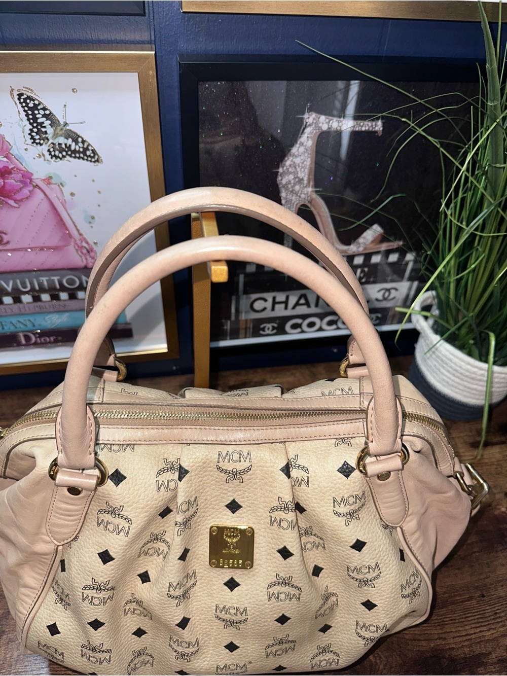 MCM Pink Logo Visetos Dome Satchel with Gold Plaque - Picture 6 of 16